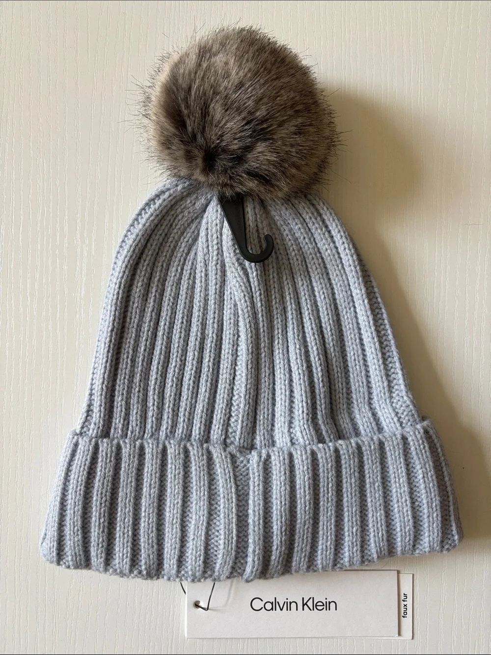 Calvin Klein Grey Ribbed Knit Beanie with Faux-Fur Pom